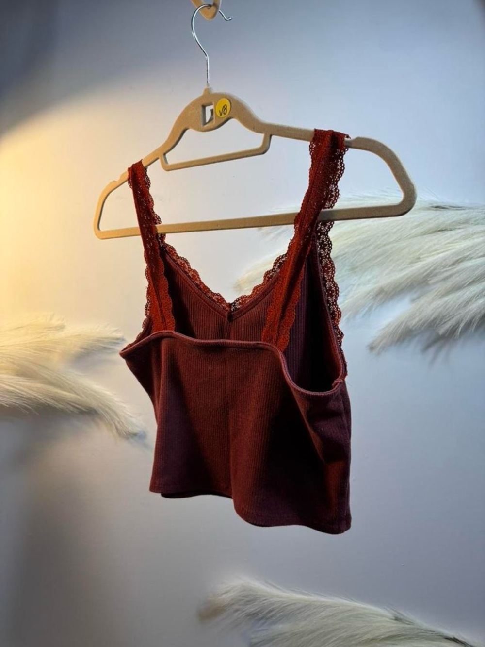 Lace-Trim Ribbed Crop Tank - Deep Burgundy